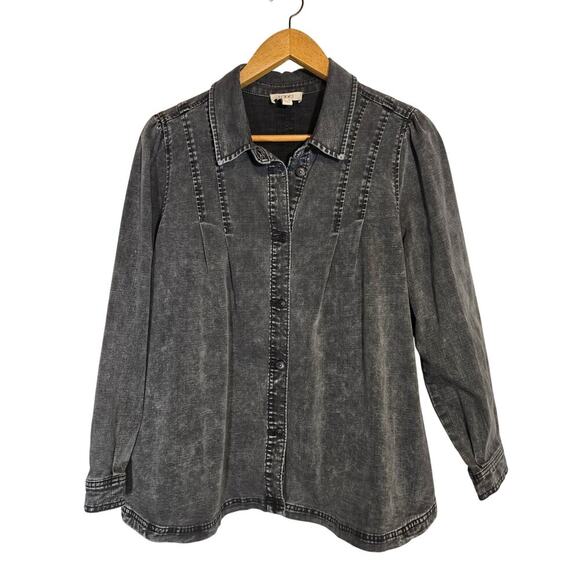 LOGO by Lori Goldstein Shacket Denim Neutral Grunge Whimsygoth Lagenlook L - Picture 1 of 8